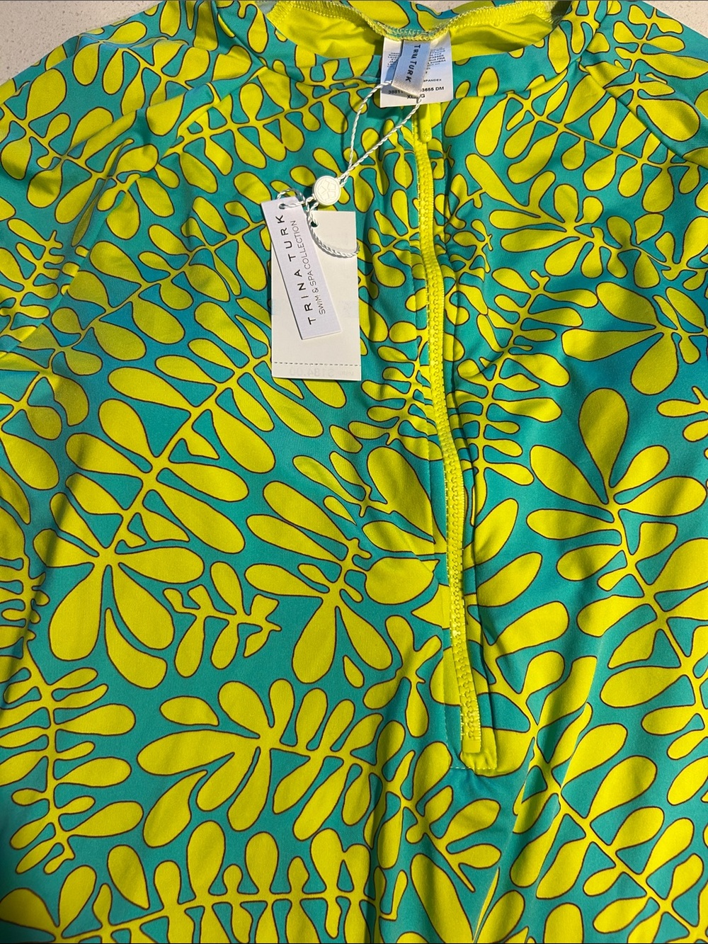 Trina Turk Green and Turquoise Leaf-Print Rashguard Swimsuit - Picture 2 of 4
